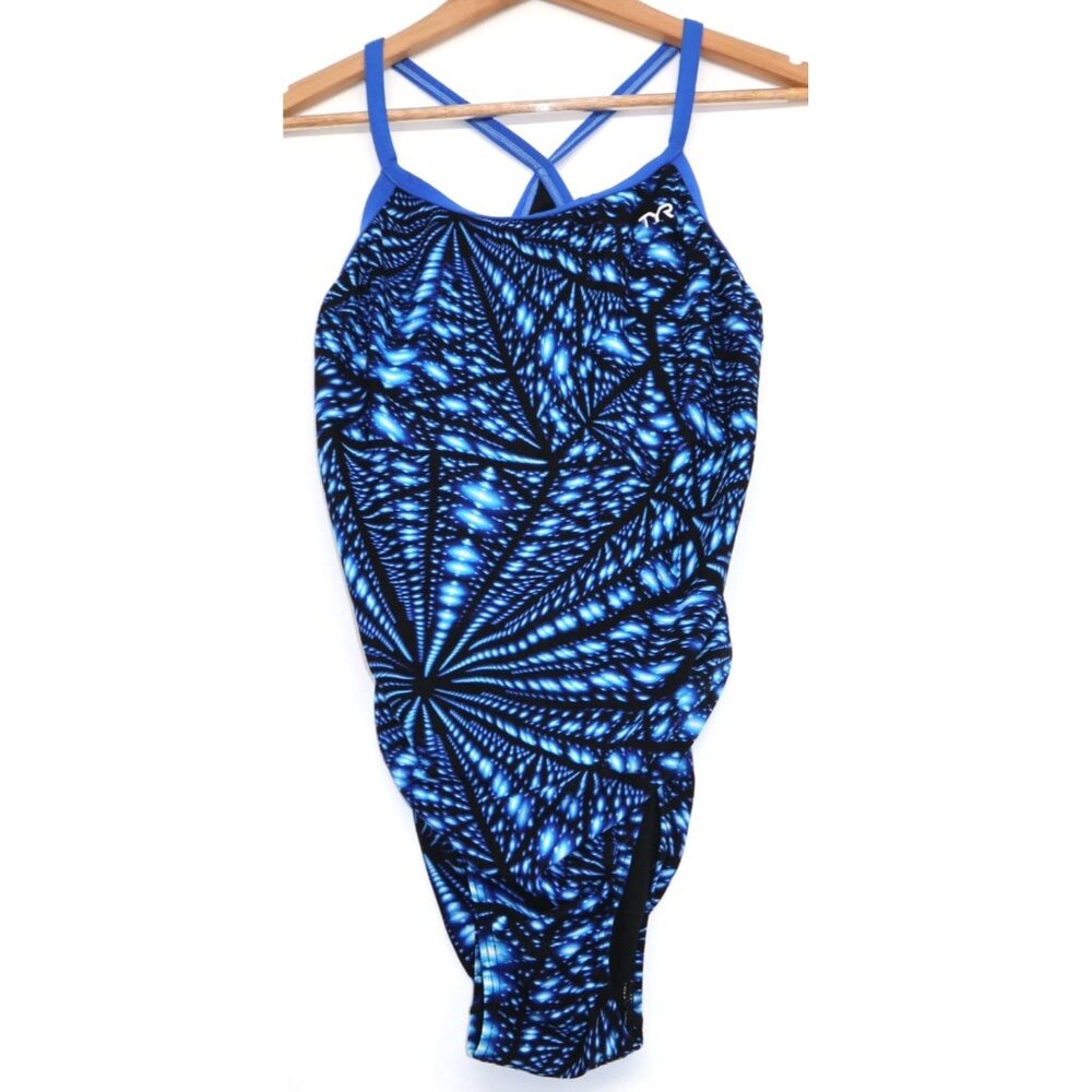 TYR Womens Blue & Black Spider Web One Piece Swimsuit Size 36 Summer Stretch